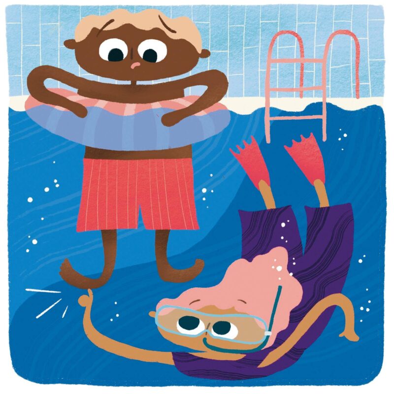 Mokailua uimahallissa: Piirretyssä kuvassa uimari käy kutittamassa tuntemattoman varpaita altaan pohjassa.