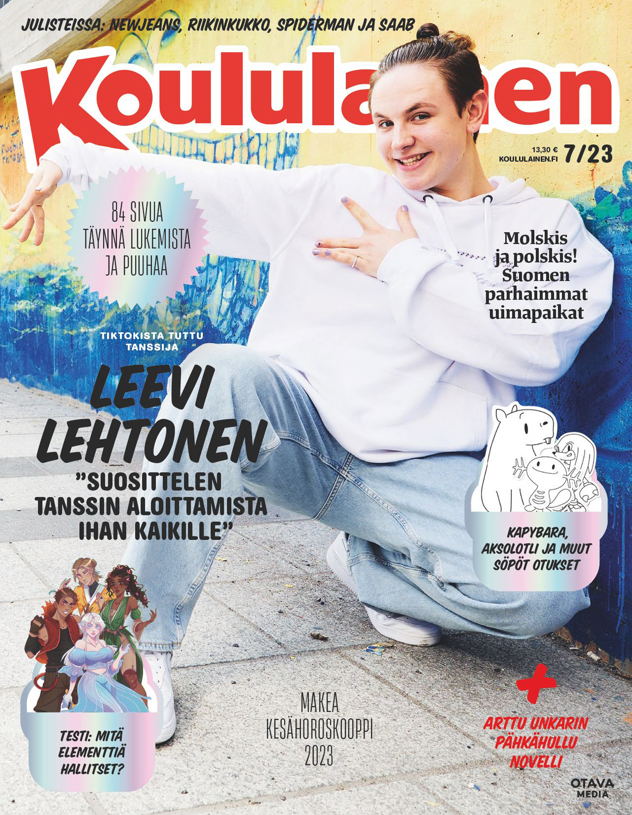Heinäkuun lehden kansi, jossa Leevi Lehtonen kyykkää. Taustalla grafiittiseinä.