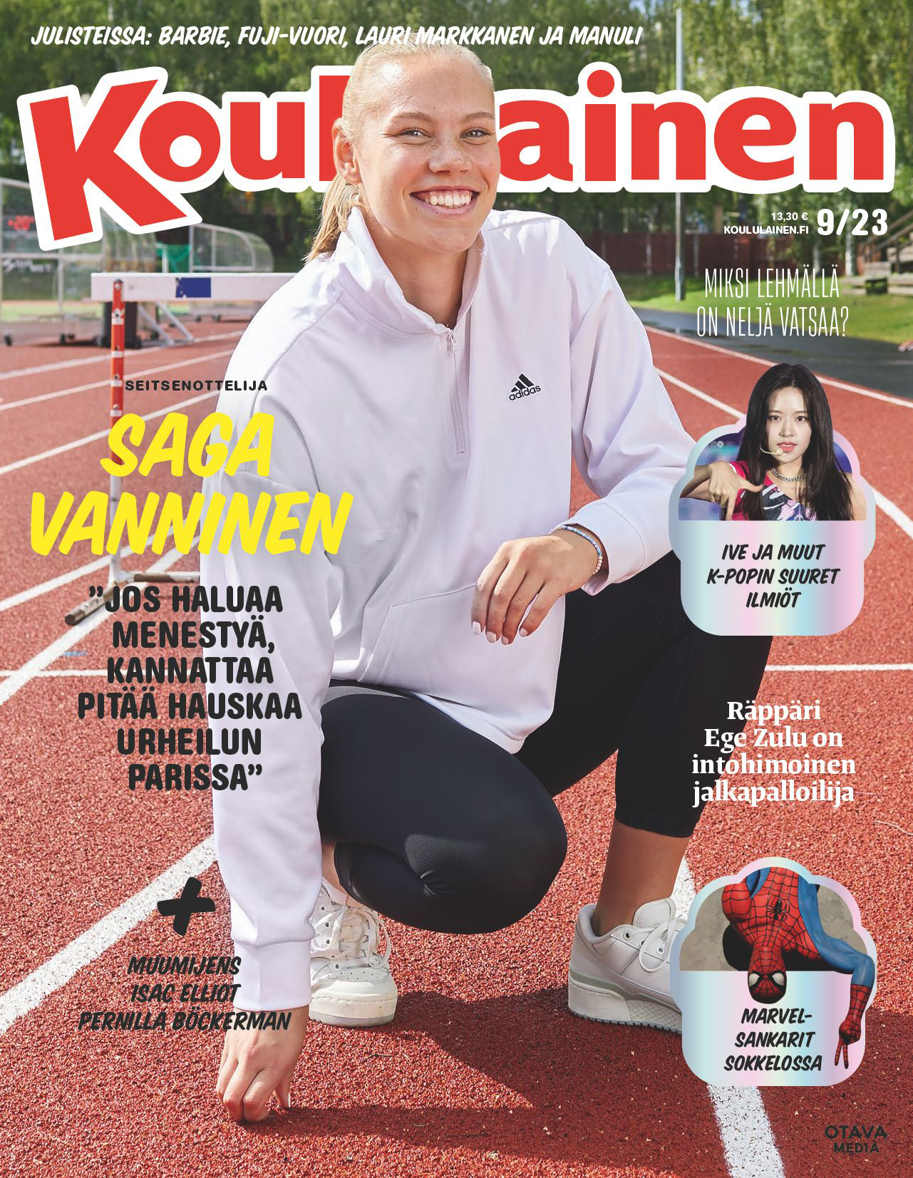 Levyesti hymyilevä Saga Vanninen kyykkää juoksuradalla mustissa juoksuhousuissa ja valokoisessa Adidas-hupparissa Koululaisen kannessa.