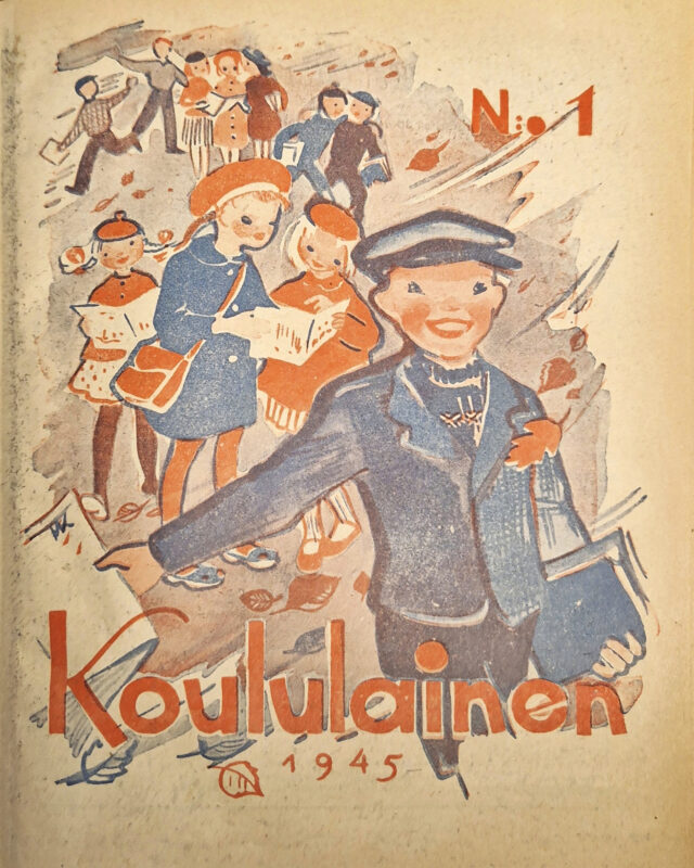 Koululaisen ensimmäinen kansi vuodelta 1945. Lehti on beige ja kannessa on piirroskuvia lapsista.