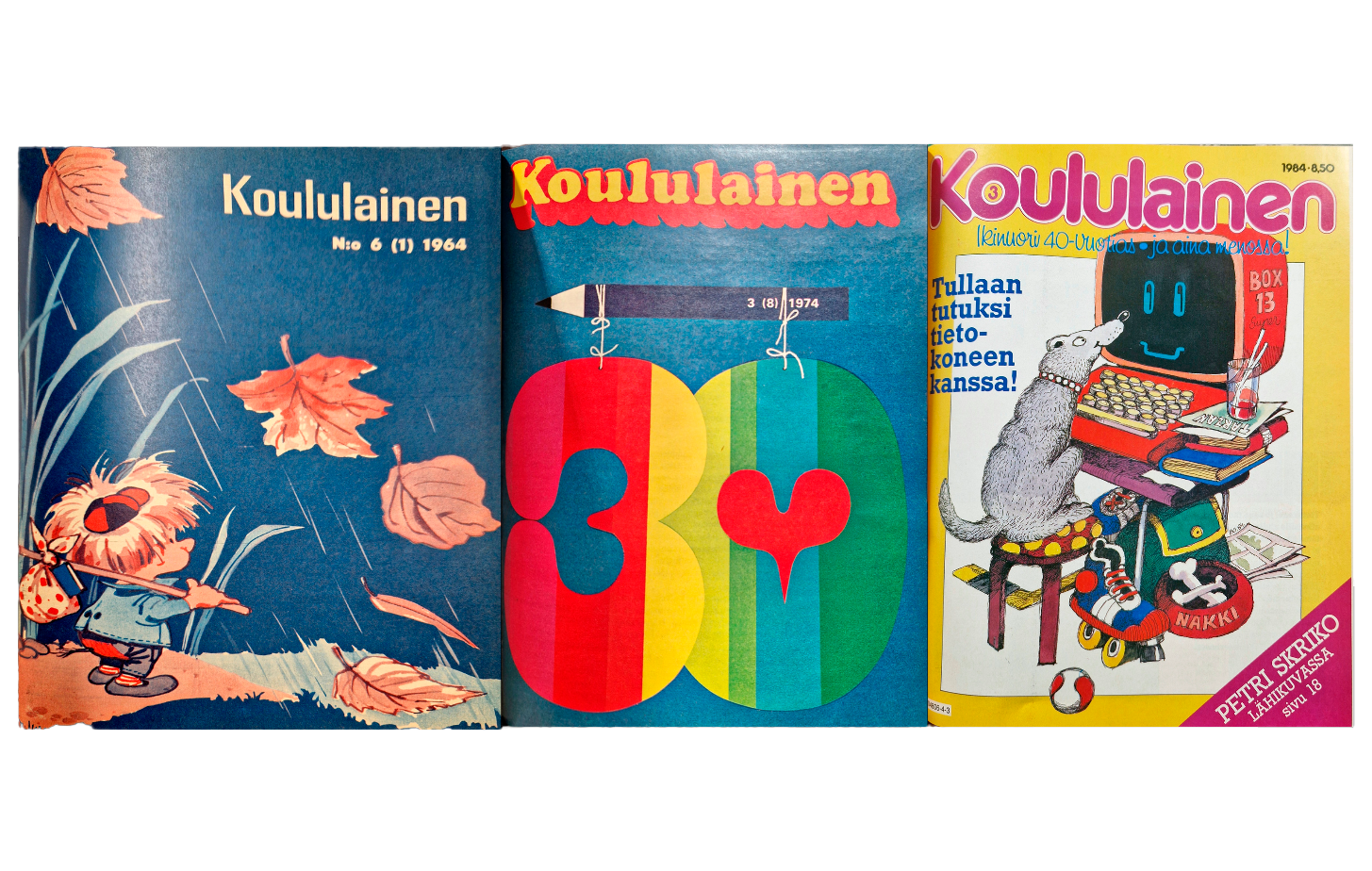 Koululaisen vuosien 1964, 1974 ja 1984 kannet. 